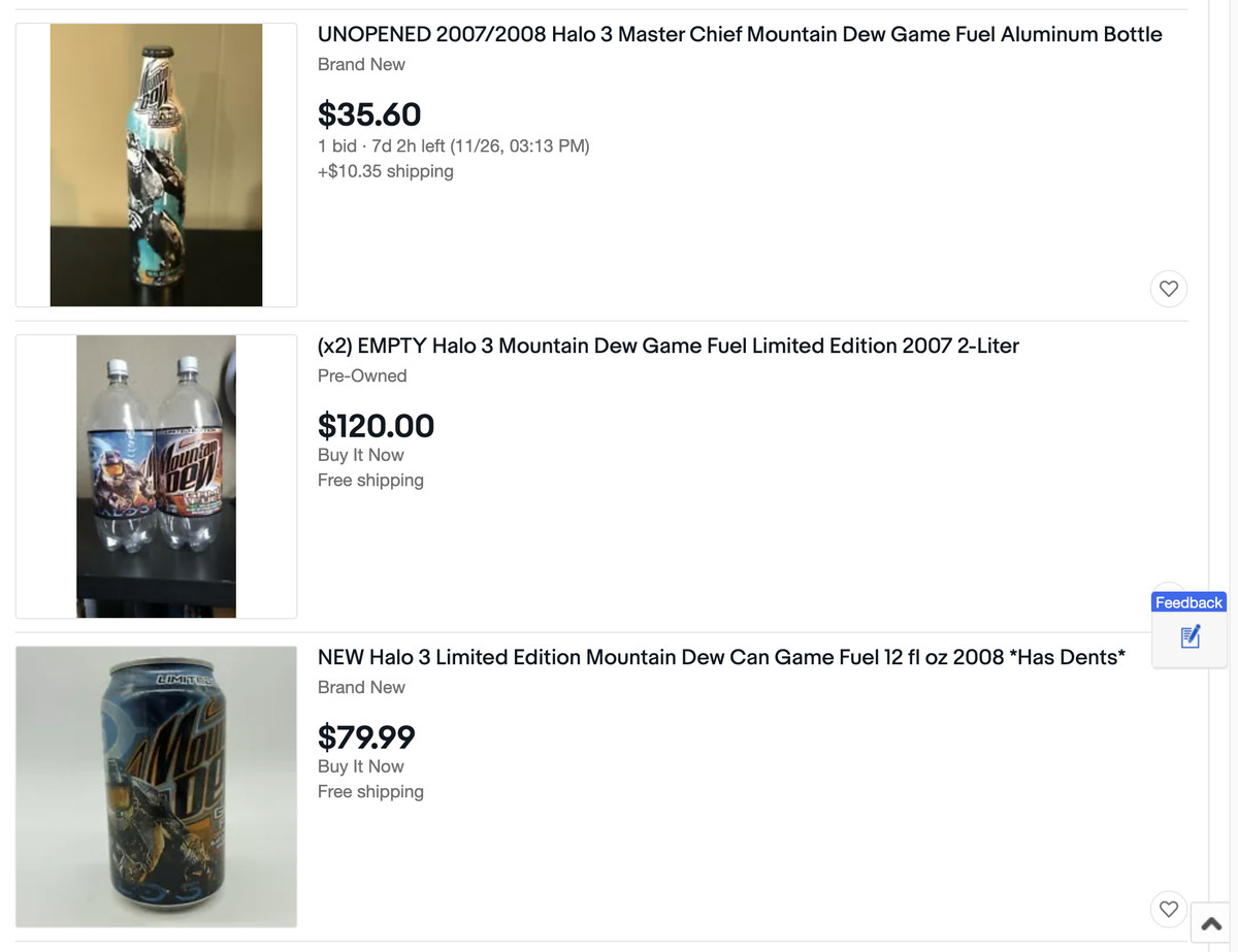 Uno screenshot di più inserzioni eBay per Halo 3 Mountain Dew Game Fuel