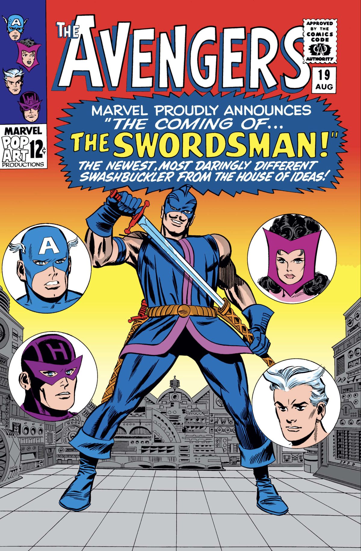 Jack Duquesne estrae la sua spada, in una tunica blu, calzamaglia e stivali, con una maschera che fa in modo di mostrare i suoi baffi spavaldi, sulla copertina di The Avengers #19 (1965). 