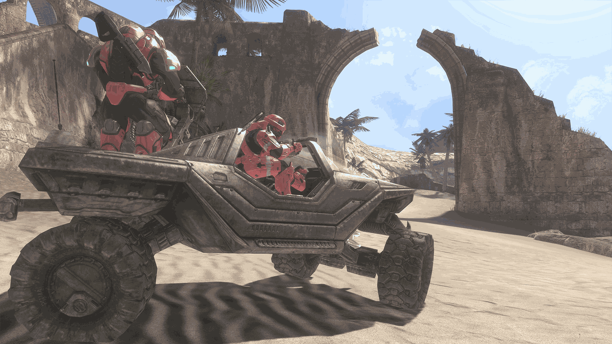 Un'immagine dal multiplayer di Halo 3, con due giocatori in un veicolo Warthog