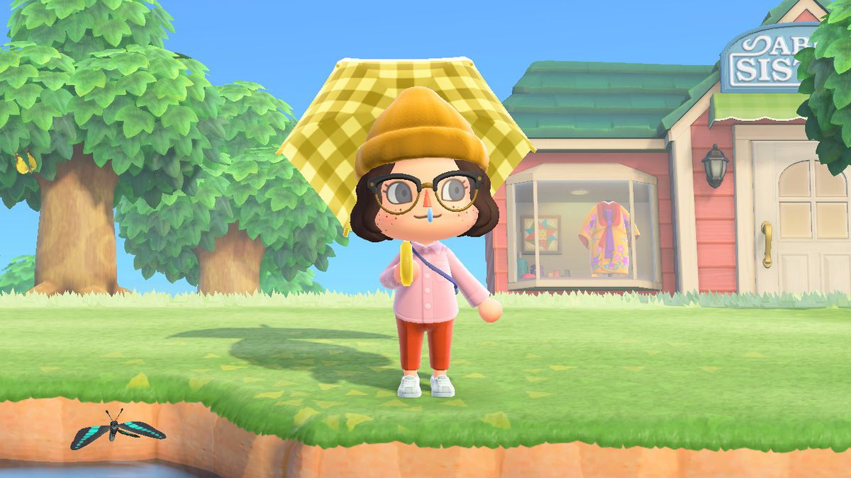 Un personaggio di Animal Crossing con il naso a goccia ma un vestito elegante con un ombrello giallo