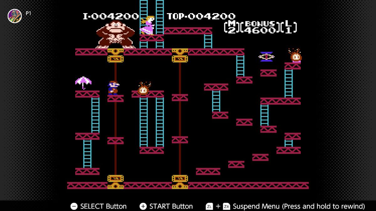 Mario battles Donkey Kong in the original Donkey Kong arcade game, ported to NES