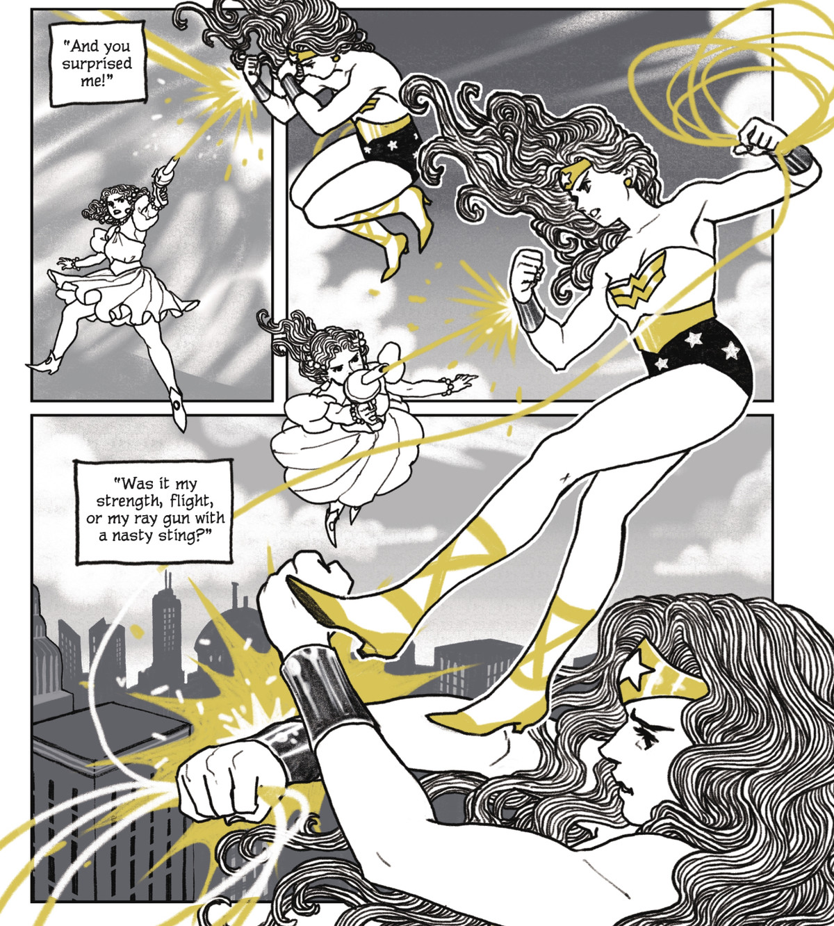 Wonder Woman combatte una giovane ragazza con una pistola a raggi attraverso i cieli di una città.  Le figure sono rese con gonne fluenti e capelli meravigliosamente dettagliati, e solo nei colori nero, bianco e oro in Wonder Woman: Black & Gold #5 (2021). 