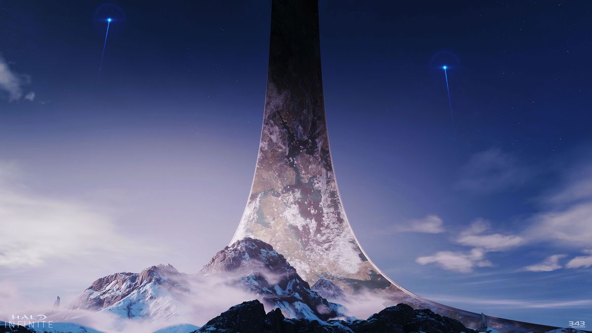 uno scatto dell'anello Halo di notte in Halo Infinite