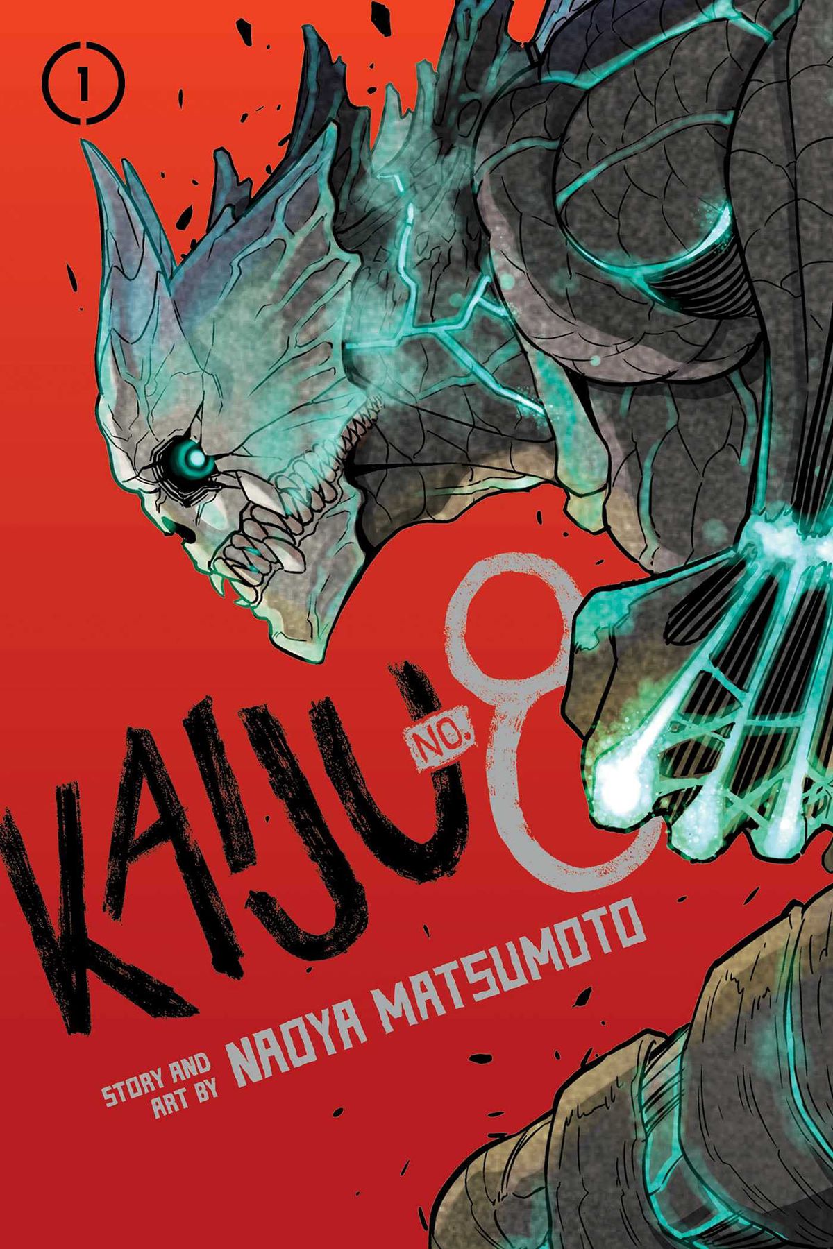 A vaguely humanoid kaiju monster, veins and bones glowing blue-white through its grey carapace, on the cover of Kaiju No. 8. 
