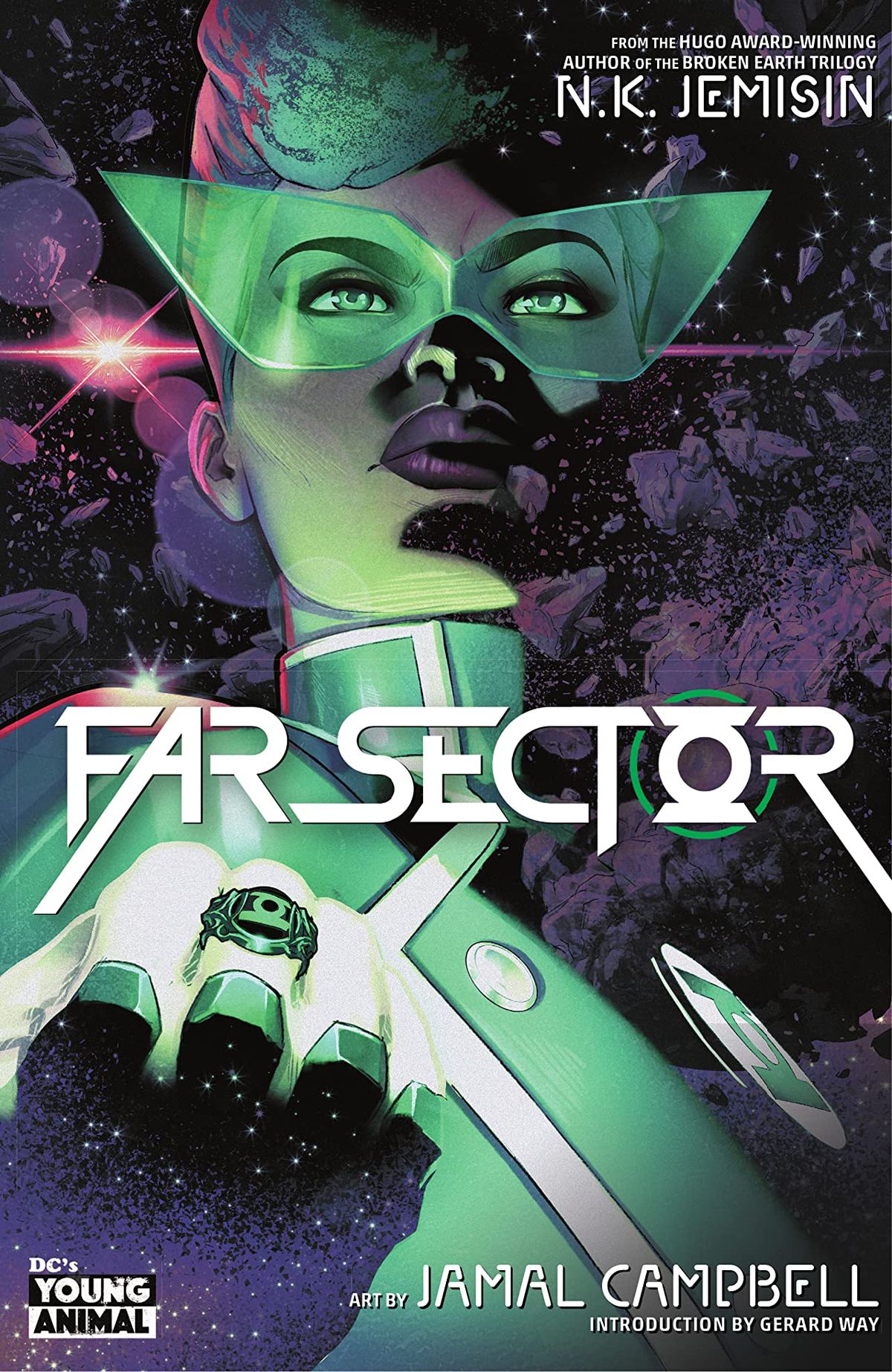 Green Lantern Sojourner “Jo” Mullein — who looks an awful lot like Janelle Monae — lifts her ring in a classic lantern pose on a background of stars and asteroids on the cover of Far Sector. 