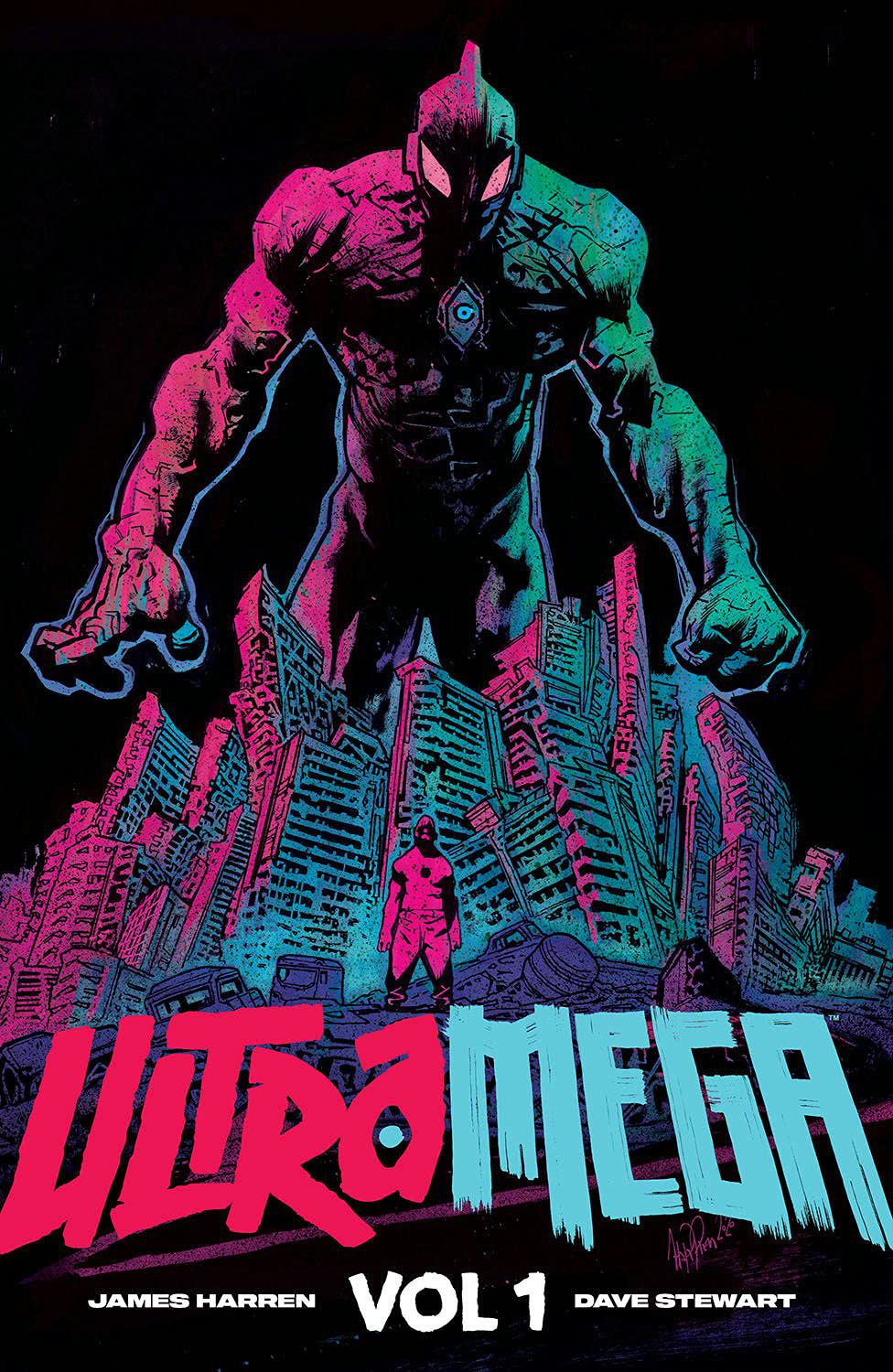 The tokusatsu-style hero Ultramega towers over crooked city buildings and his human alterego, a pouchy middle-aged mustachioed man on the cover of Ultramega Vol. 1. 