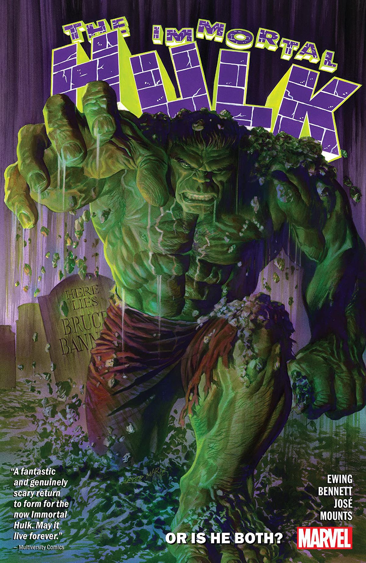 The Hulk leaps from the grave of Bruce Banner on the cover of Immortal Hulk Vol. 1. 
