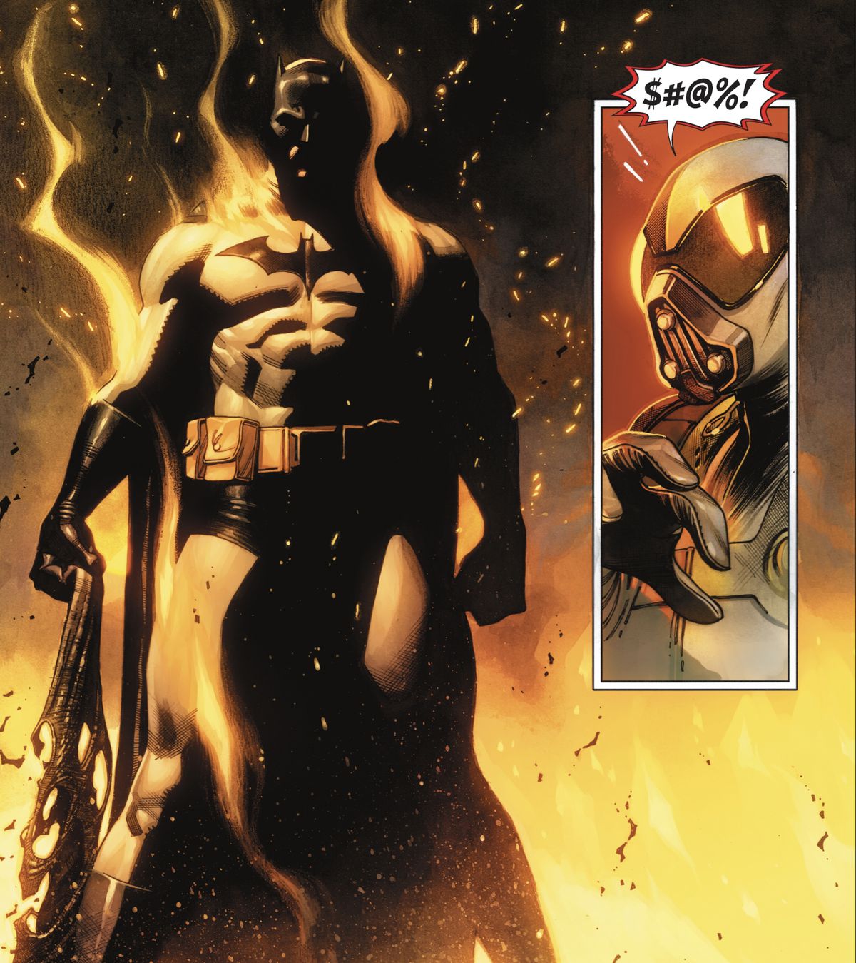 Batman si erge minaccioso e illeso nel mezzo di un incendio.  “$#@%!”  esclama Firefly in Batman #118 (2021).