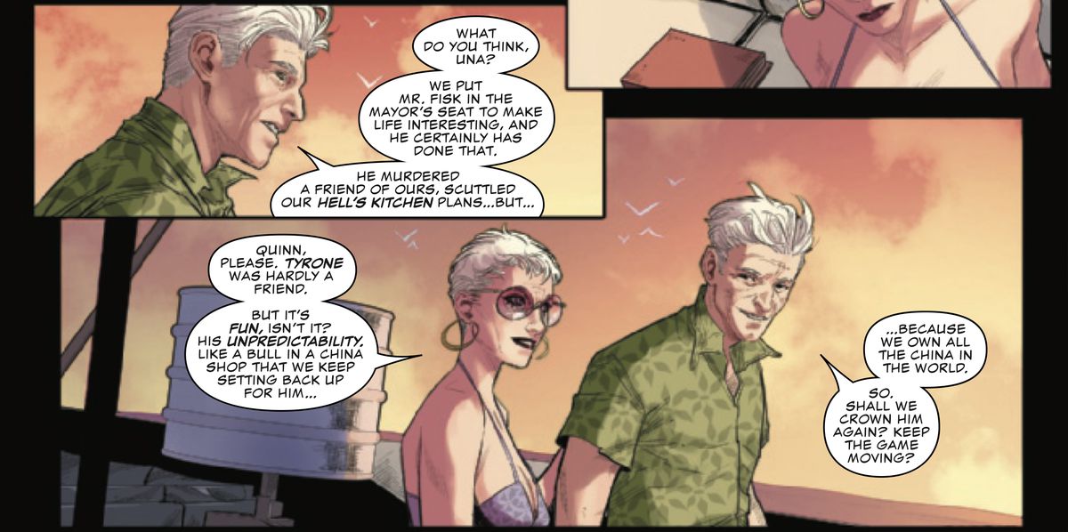 Una e Quinn Stromwyn discutono delle loro manipolazioni di Wilson Fisk in Devil's Reign #1 (2021). 