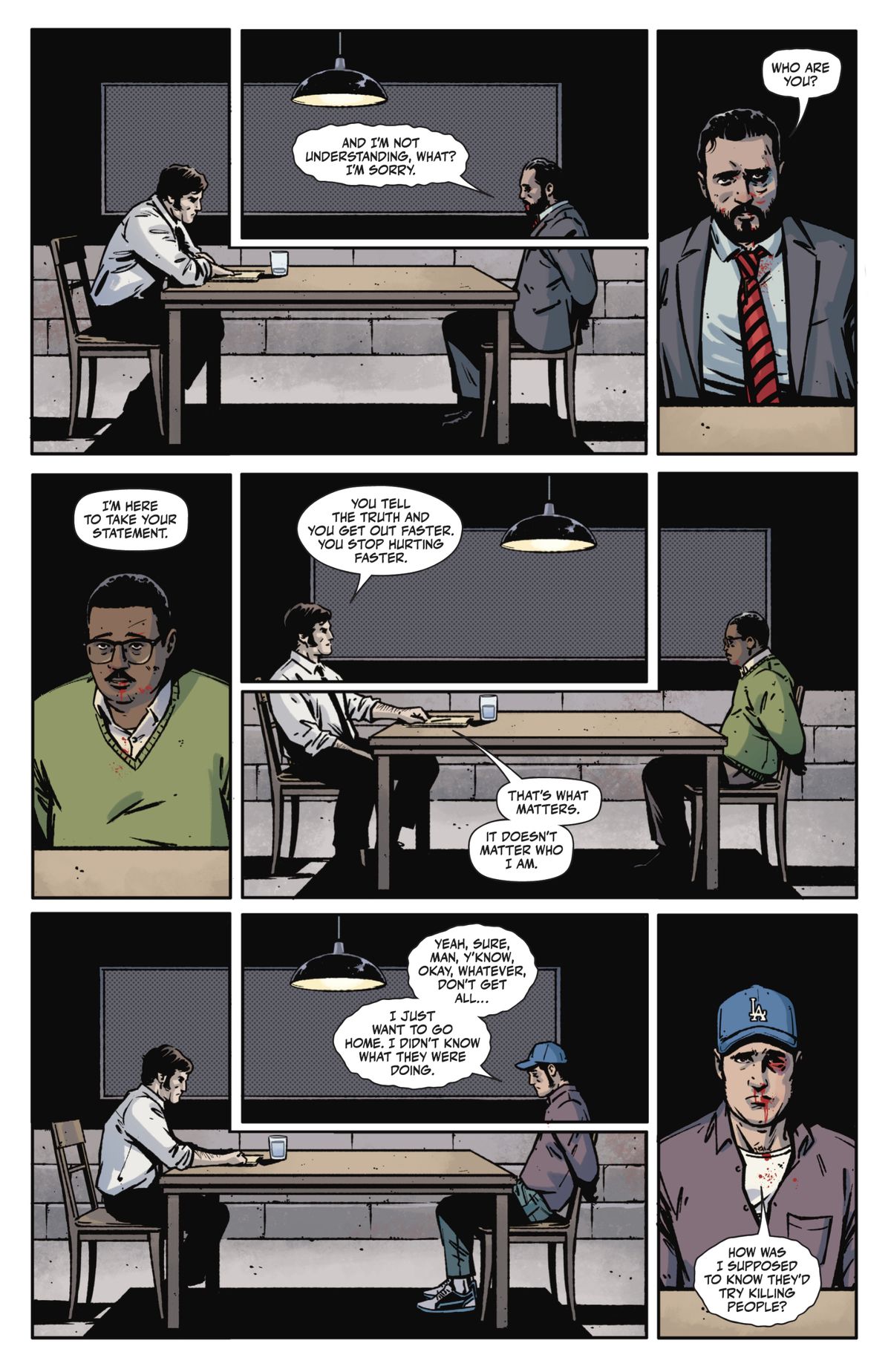 Una serie di pannelli ben realizzati raffigura simultaneamente le interviste di un detective con tre soggetti solitari in Rorschach #8 (2021).