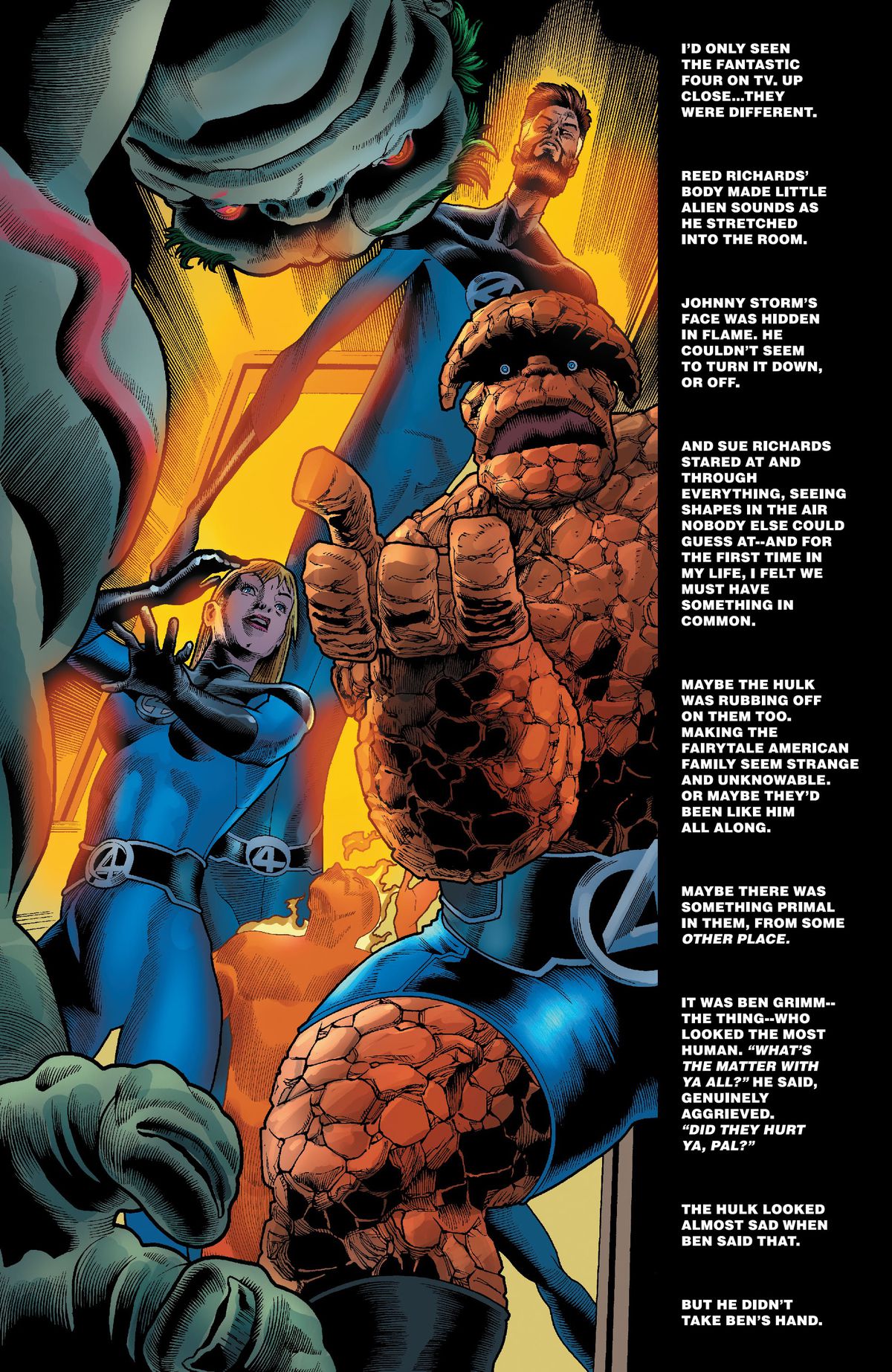 I Fantastici Quattro passano attraverso una porta luminosa e la Cosa tende una mano a Hulk colpito, dicendo 