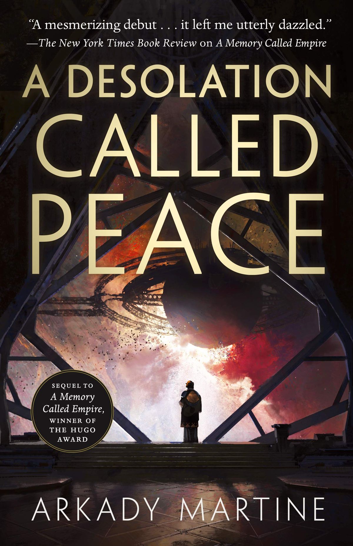 The cover for “A Desolation Called Peace” by Arkady Martine which shows a person looking out a large window at a planet in the distance