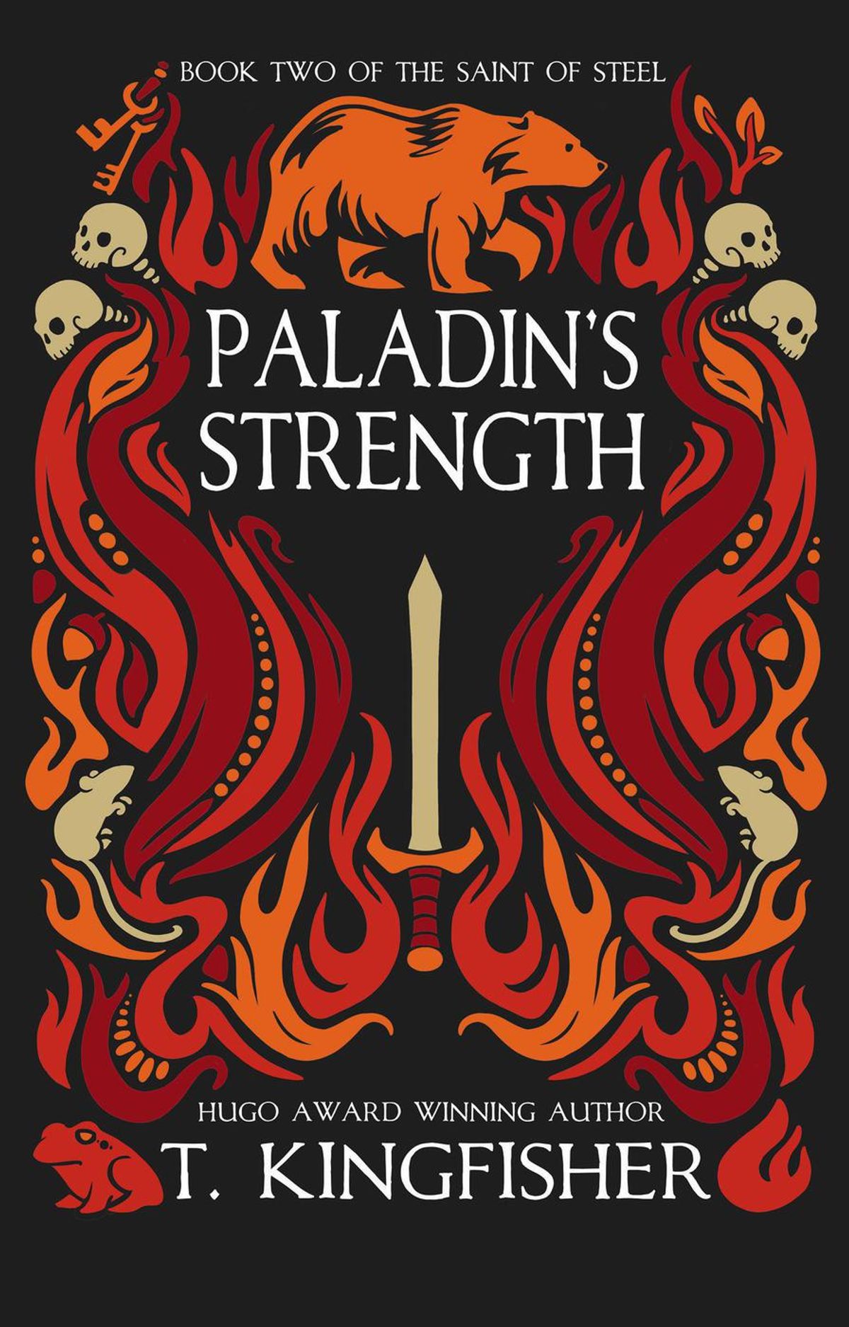 The cover for “Paladin’s Strength” by T. Kingfisher show shoes an illustration of a sword surrounded by flames and a few skulls