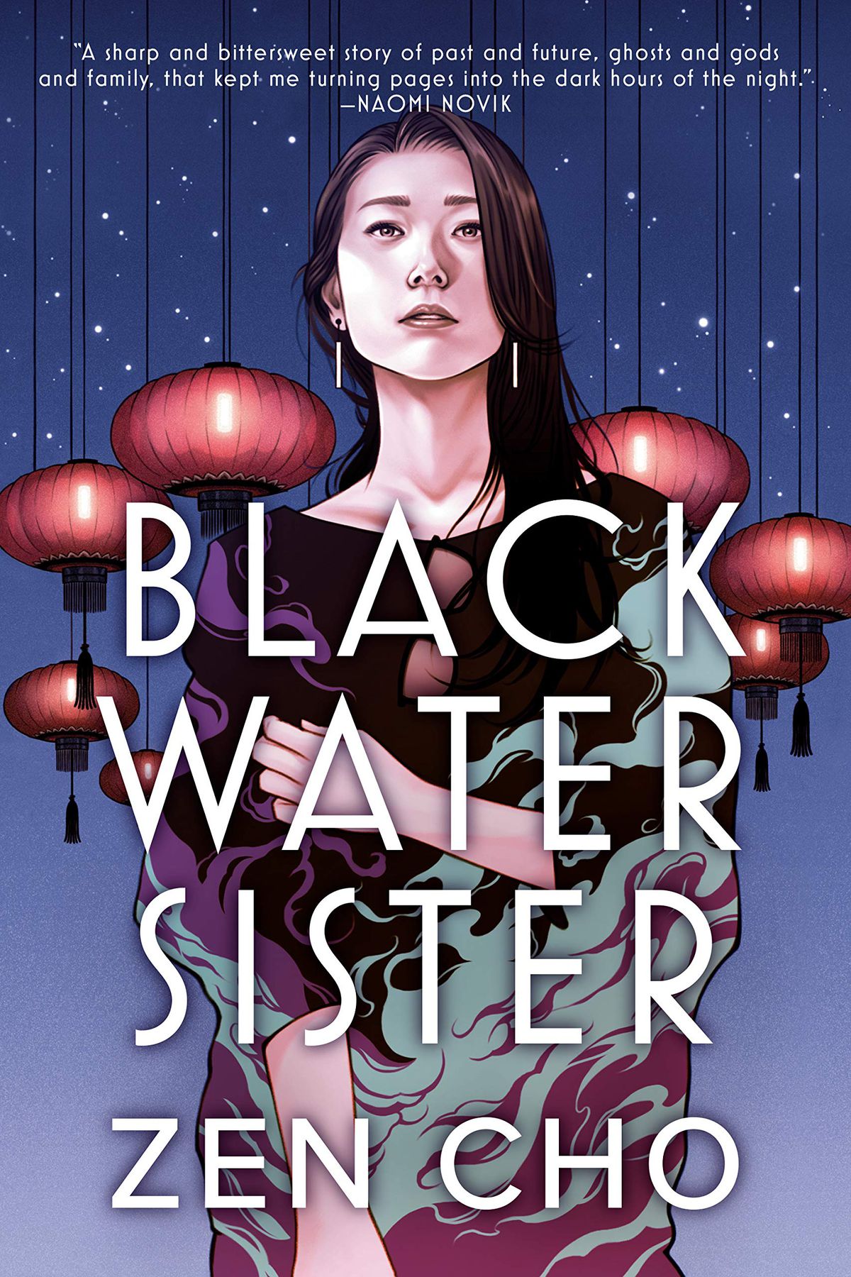 The cover for “Black Water Sister” by Zen Cho which shows an Asian woman standing under hanging paper lanterns.