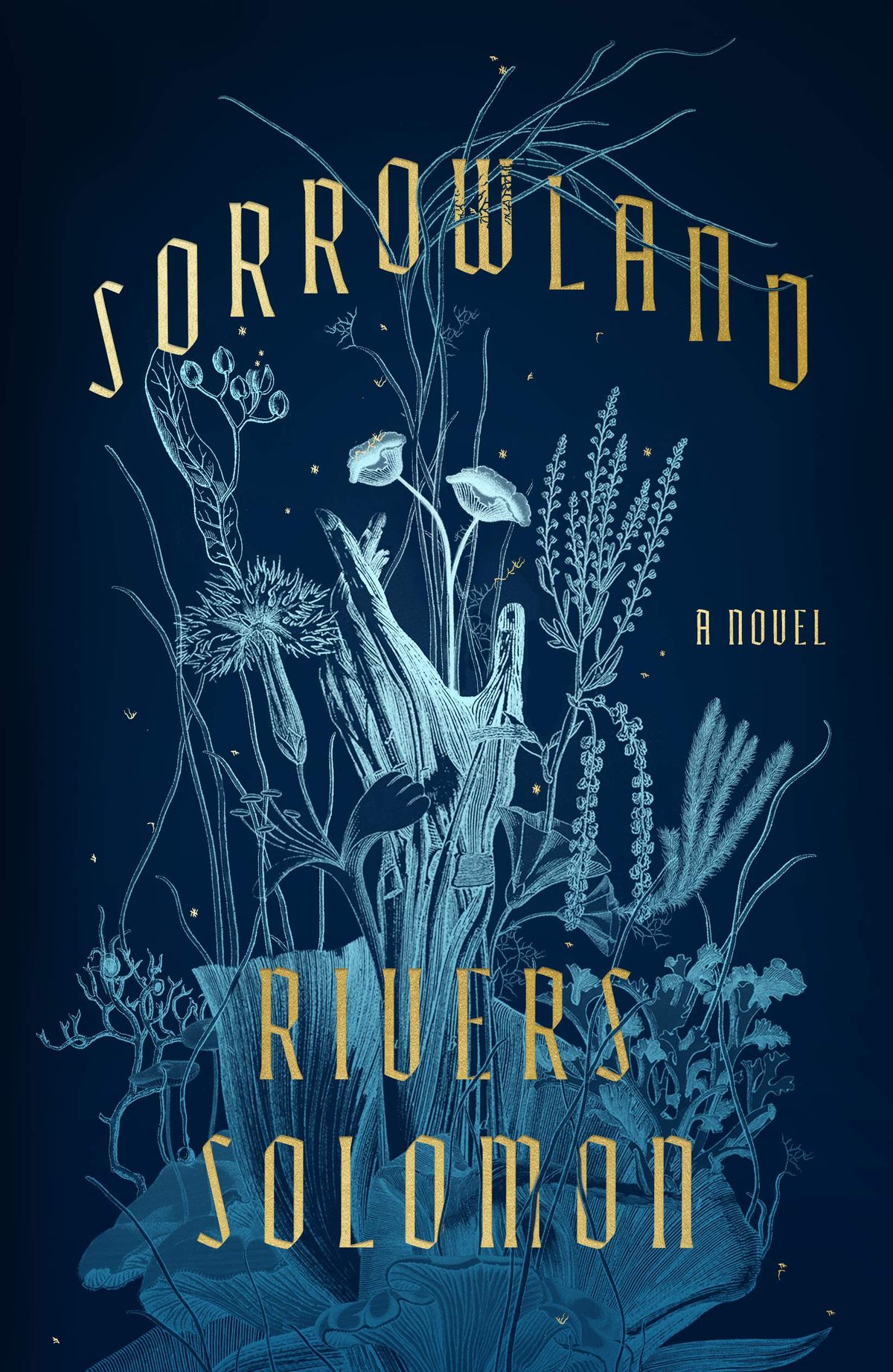 The cover for “Sorrowland” by Rivers Solomon showing a bouquet of flowers in light blue against a dark blue backdrop