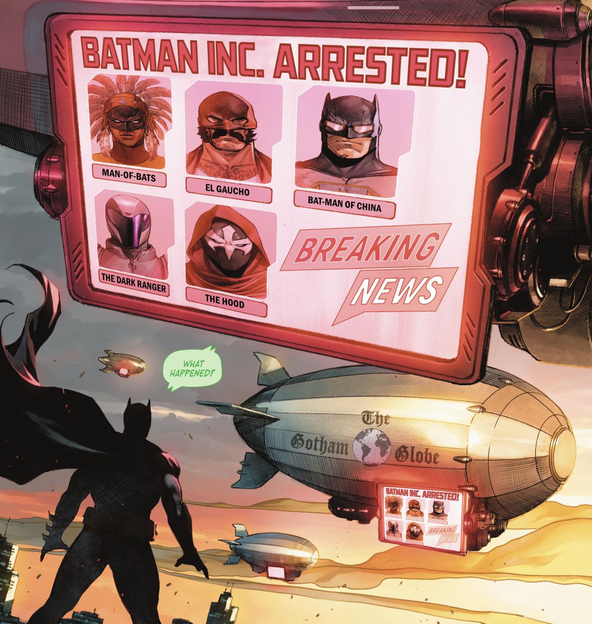 Batman vede un dirigibile che mostra le ultime notizie che cinque membri di Batman Inc. sono stati arrestati in Batman #118 (2021). 