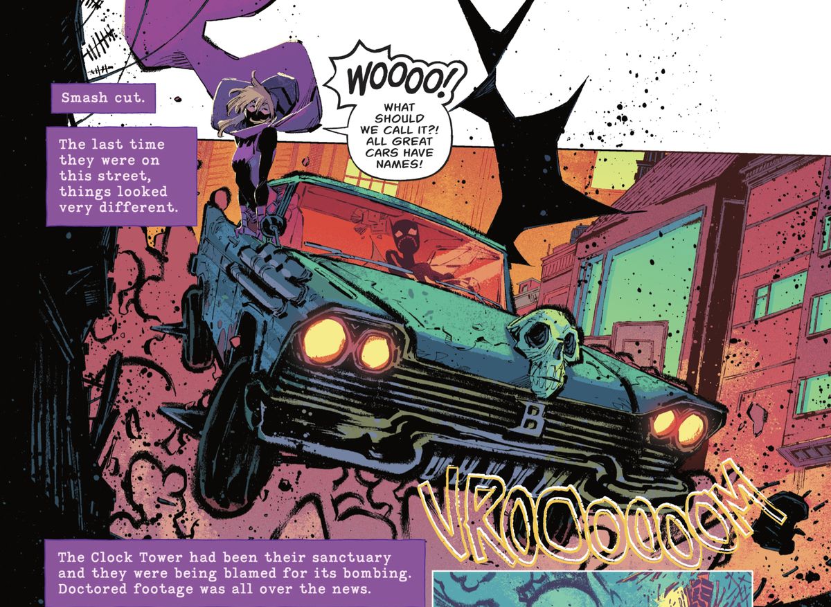 Le Batgirl Cass Cain e Stephanie Brown fanno salire un'auto d'epoca su una collina.  Le scatole di narrazione raccontano la loro storia, mentre Stephanie Brown urla un grande 