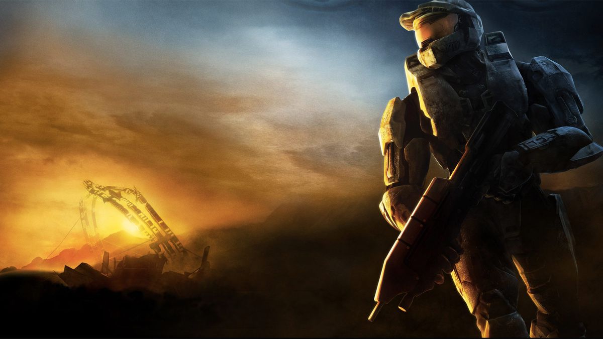 Master Chief looking out onto a sunset
