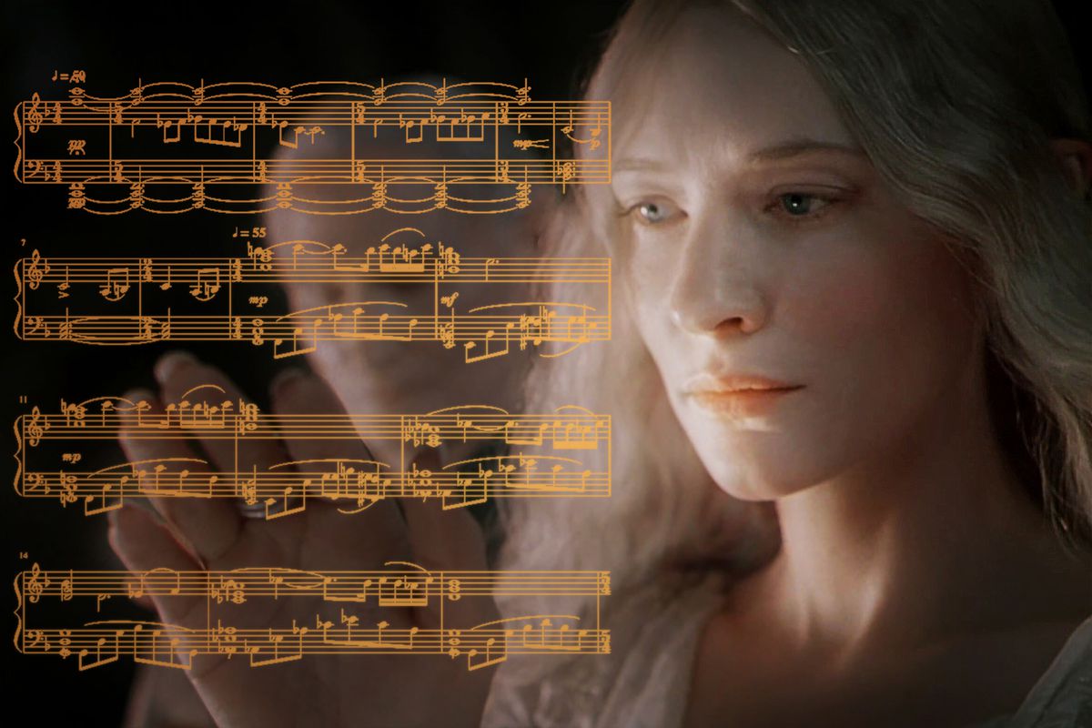 Actress Cate Blanchett as Galadriel from The Lord of the Rings movie looks on wistfully at music from Howard Shores soundtrack