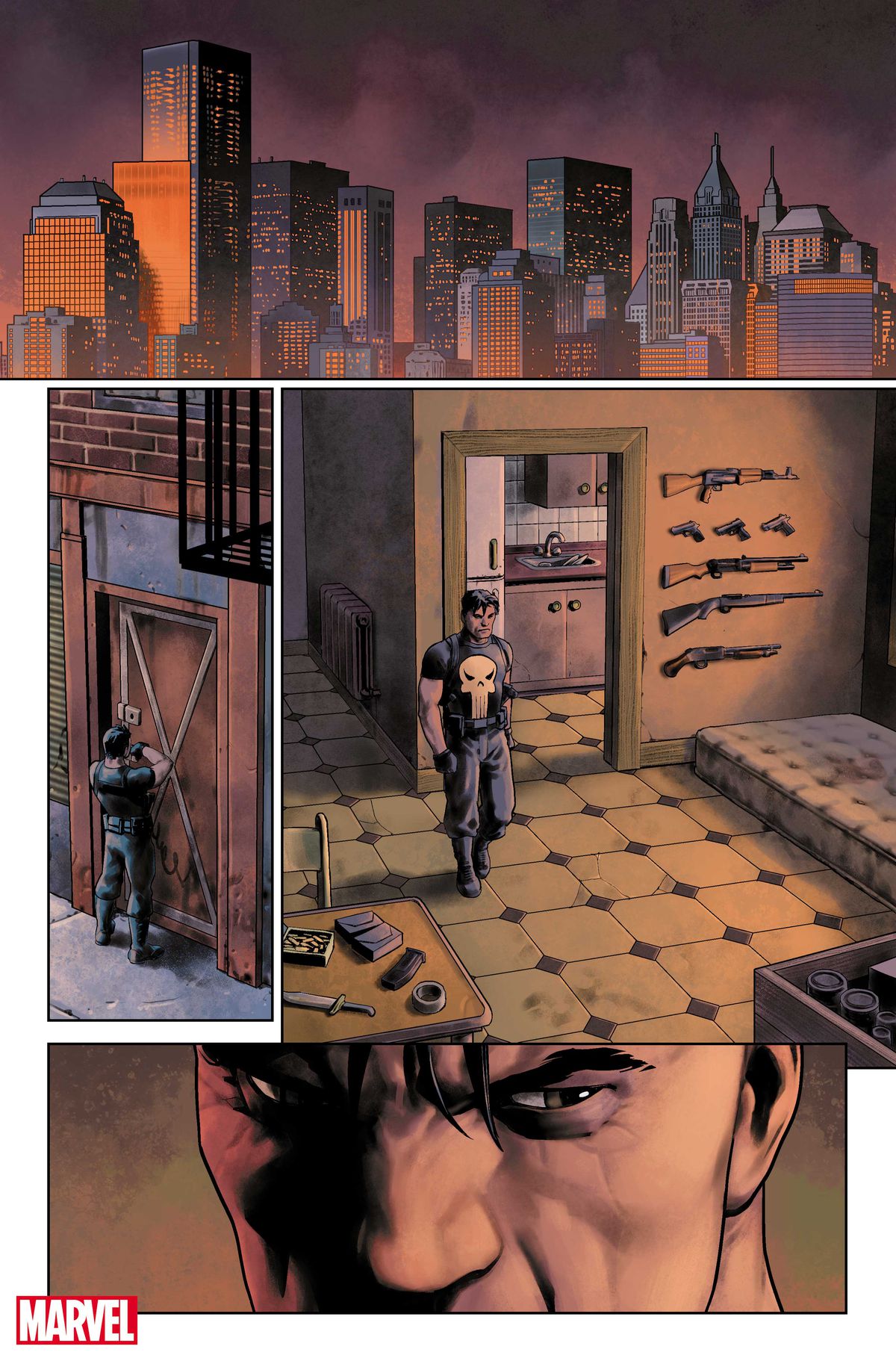 Frank Castle attraversa il suo appartamento di New York coperto di armi in una pagina incompiuta di Punisher n. 1 (2022). 
