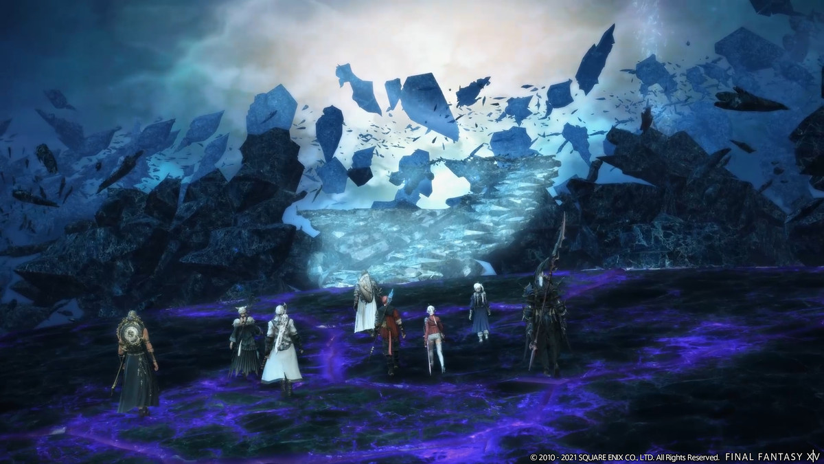 Un fermo immagine di diversi personaggi del trailer di lancio di Final Fantasy 14: Endwalker