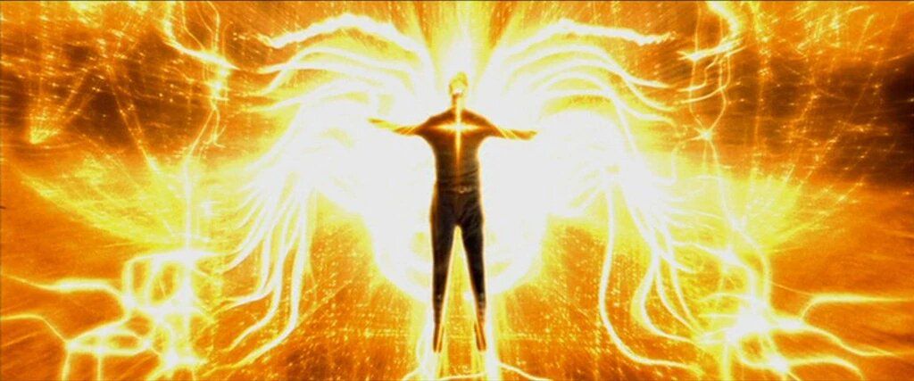 Il corpo di Neo (Keanu Reeves) cresce di energia mentre libera l'agente Smith (Hugo Weaving) da Matrix.