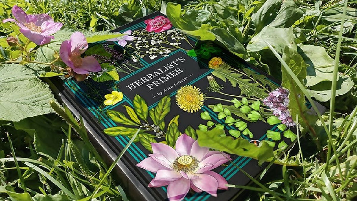Una copia di Herbalist's Primer di Anna Urbanik in un campo di fiori.
