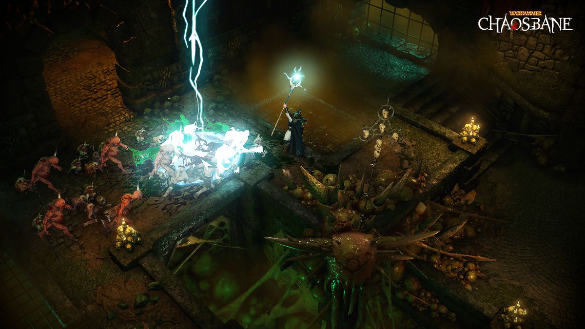 a lightning bolt attack strikes the playing area (seen isometrically from above) in Warhammer Chaosbane