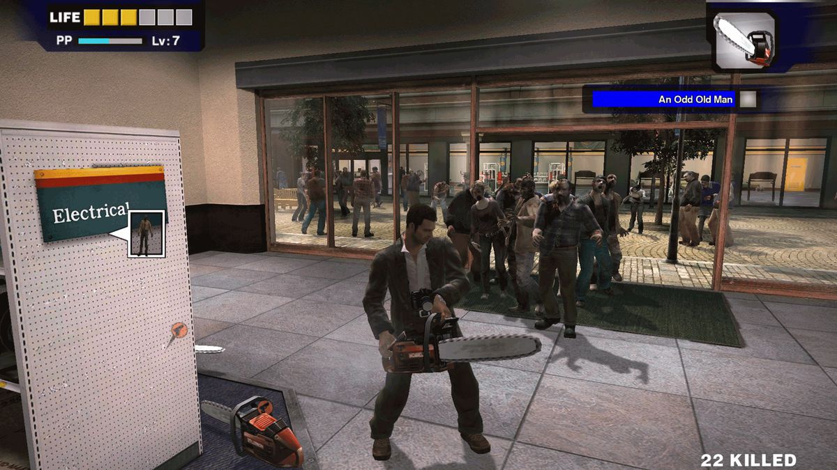 screenshot from Dead Rising showing Frank West brandishing a chainsaw as the zombie horde bears down on him