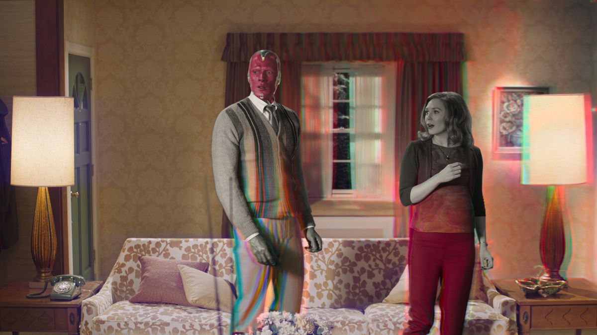 Vision and Wanda in the middle of a color shift in an episode from Wandavision
