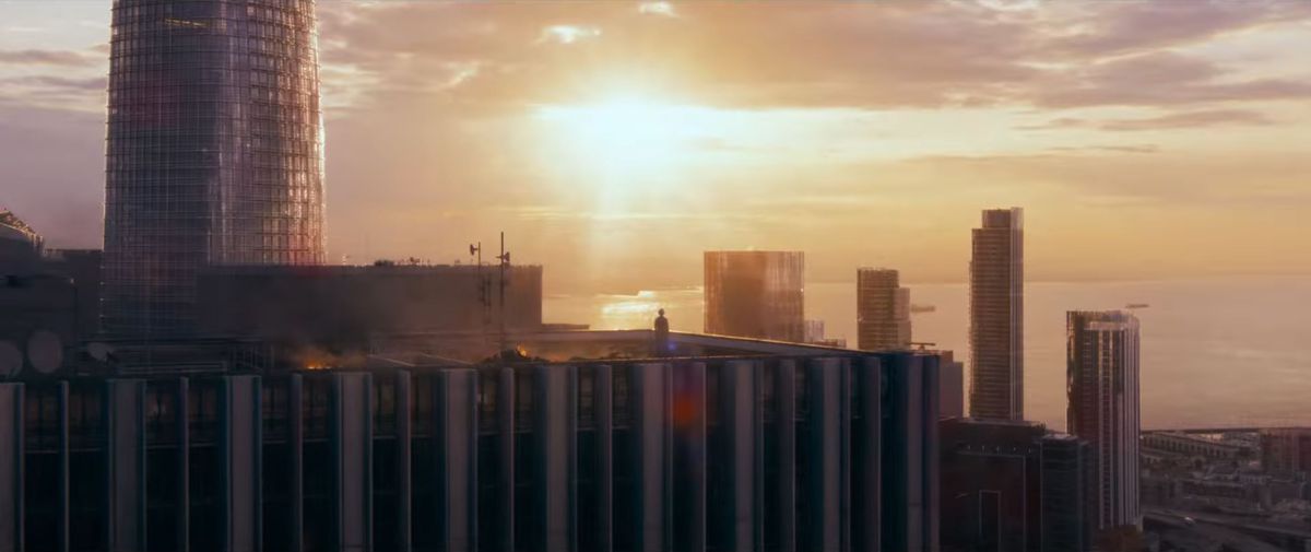 The city skyline and sunset in The Matrix Resurrections