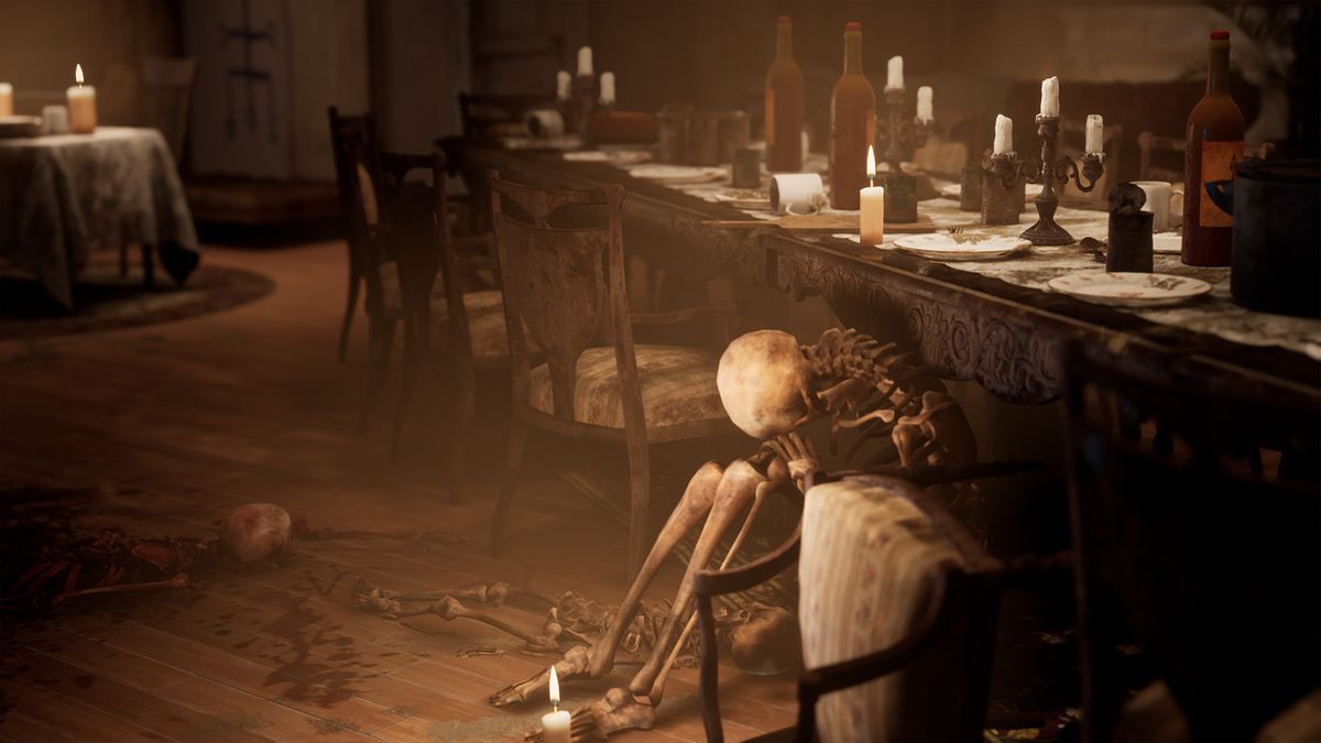 Uno scheletro sotto un tavolo in Horror Tales: The Wine