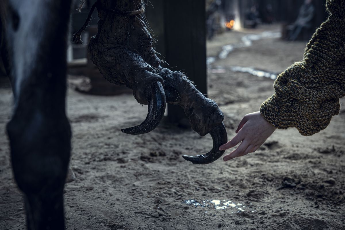 una mano umana e un piede artigliato con due dita si avvicinano l'uno all'altro in The Witcher