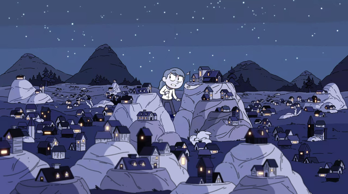 Hilda in piedi in una vasta area punteggiata di case degli elfi