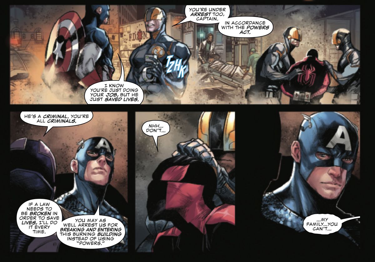 Ufficiali di polizia corazzati informano Capitan America che è in arresto in conformità con il Powers Act.  Steve guarda severamente mentre uno di loro inizia a togliere la maschera di Spider-Man di Miles Morales, mentre il ragazzo li implora di non farlo per il bene della sua famiglia in Devil's Reign # 1 (2021). 