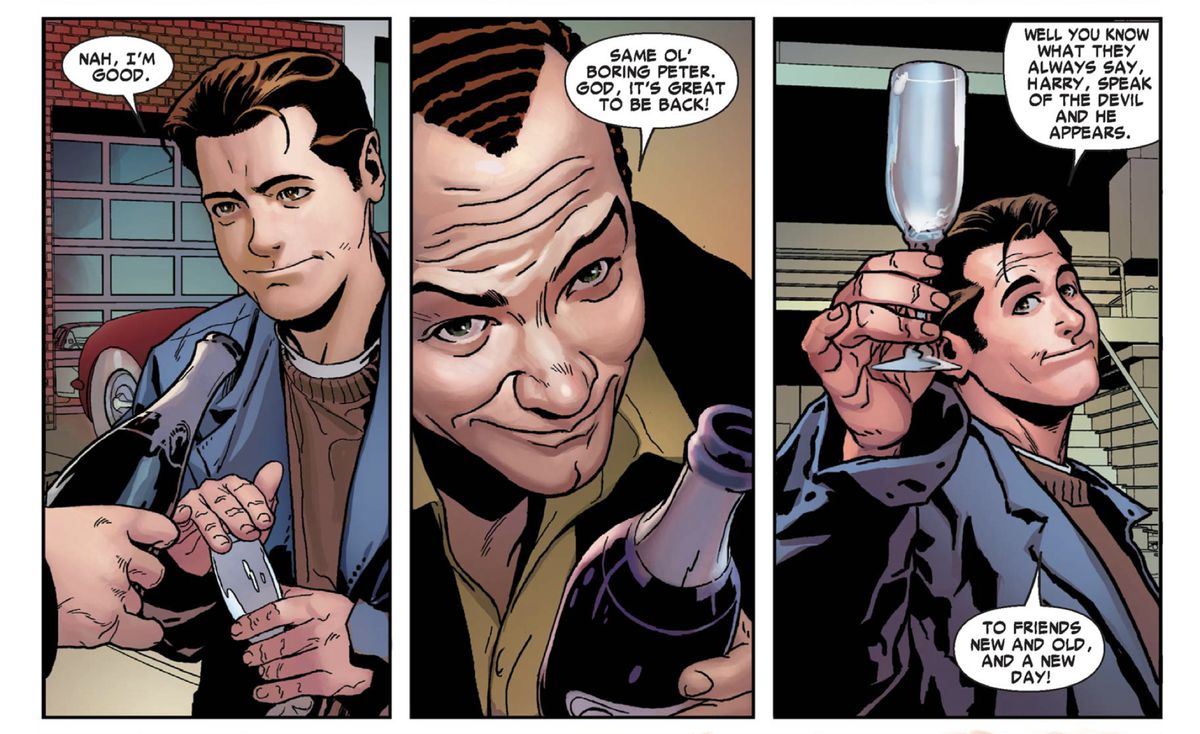 Peter Parker e Harry Osborn brindano a un nuovo giorno in Amazing Spider-Man #545 (2007). 