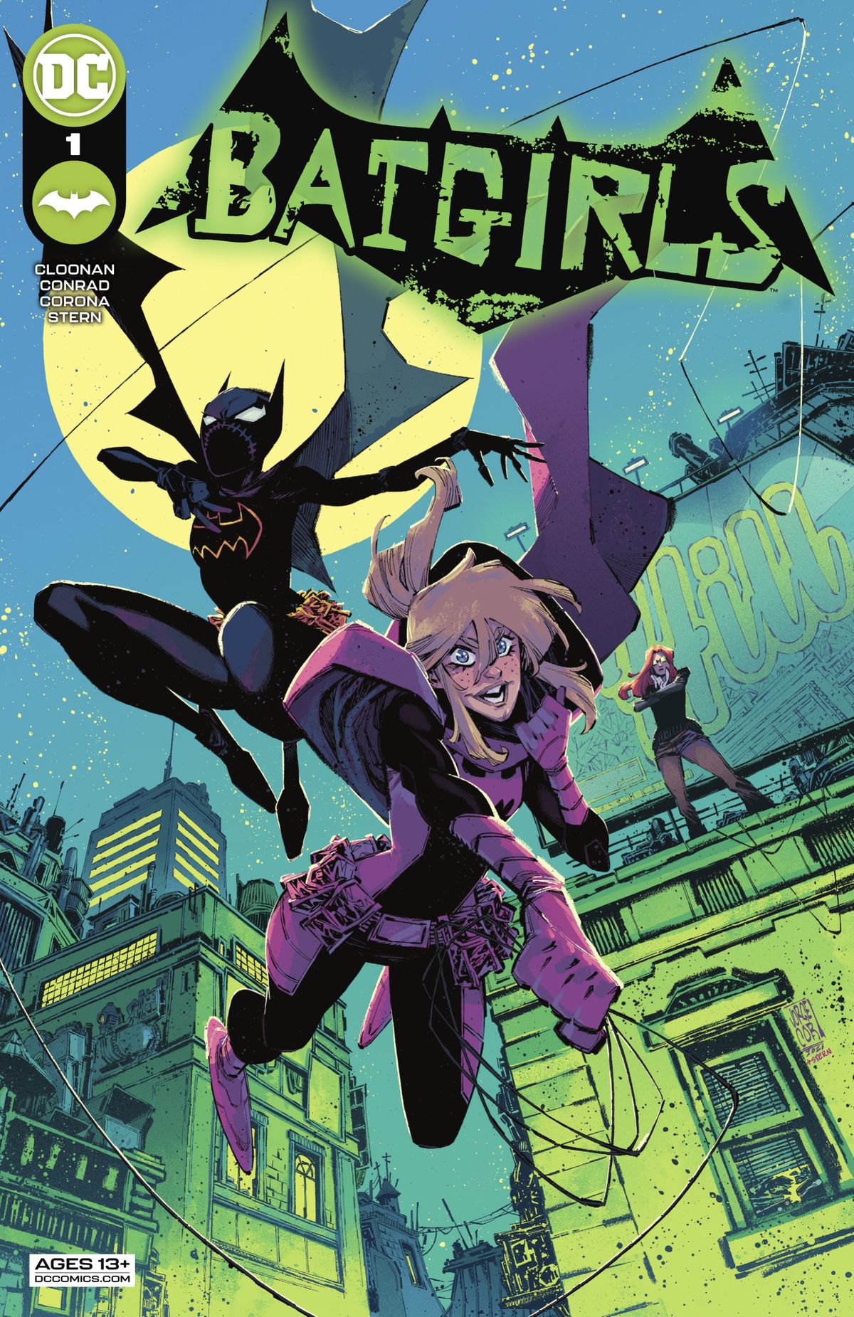 Batgirls Cass Cain e Steph Brown oscillano sui tetti sulla copertina di Batgirls #1 (2021). 
