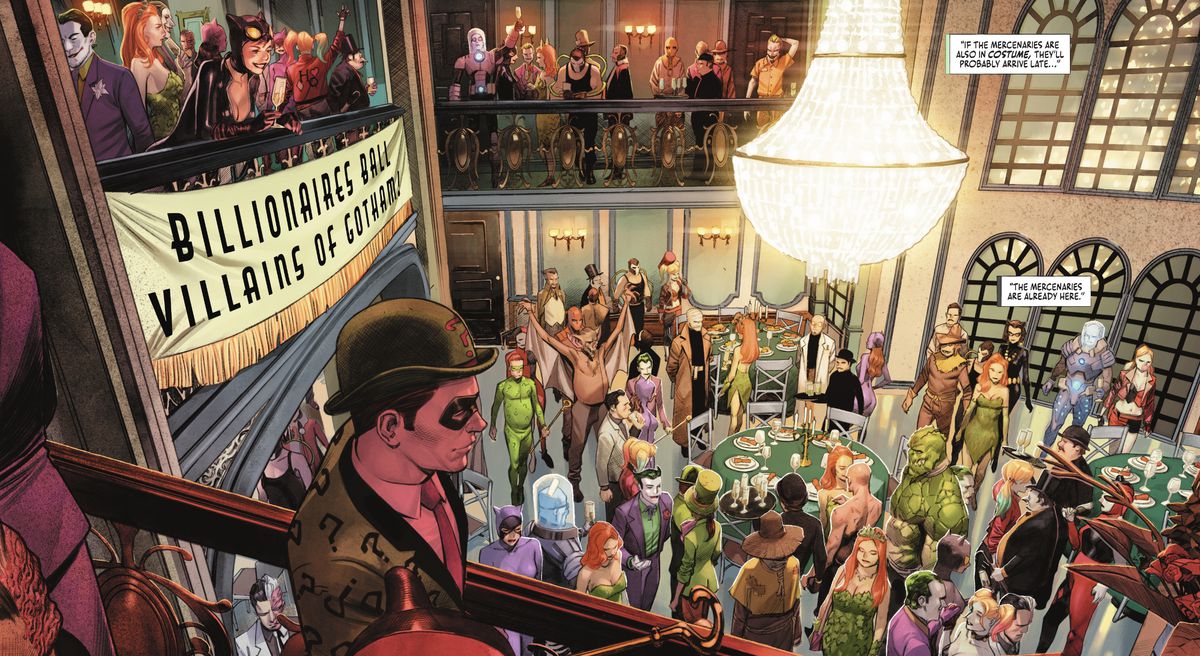 Gli ospiti della festa si aggirano con i costumi da cattivo di Batman al Ballo dei miliardari di Gotham in Batman #118. 
