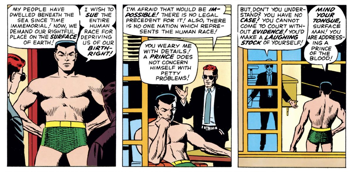 Matt Murdock cerca di spiegare a un frustrato Namor che è impossibile citare in giudizio l'intera razza umana in Daredevil #7 (1965). 