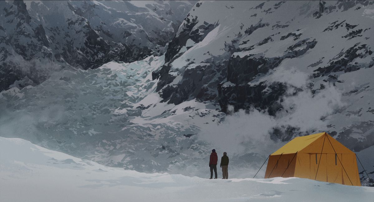 Una piccola tenda gialla e due figure umane nane ai piedi di un enorme fianco di una montagna in The Summit of the Gods