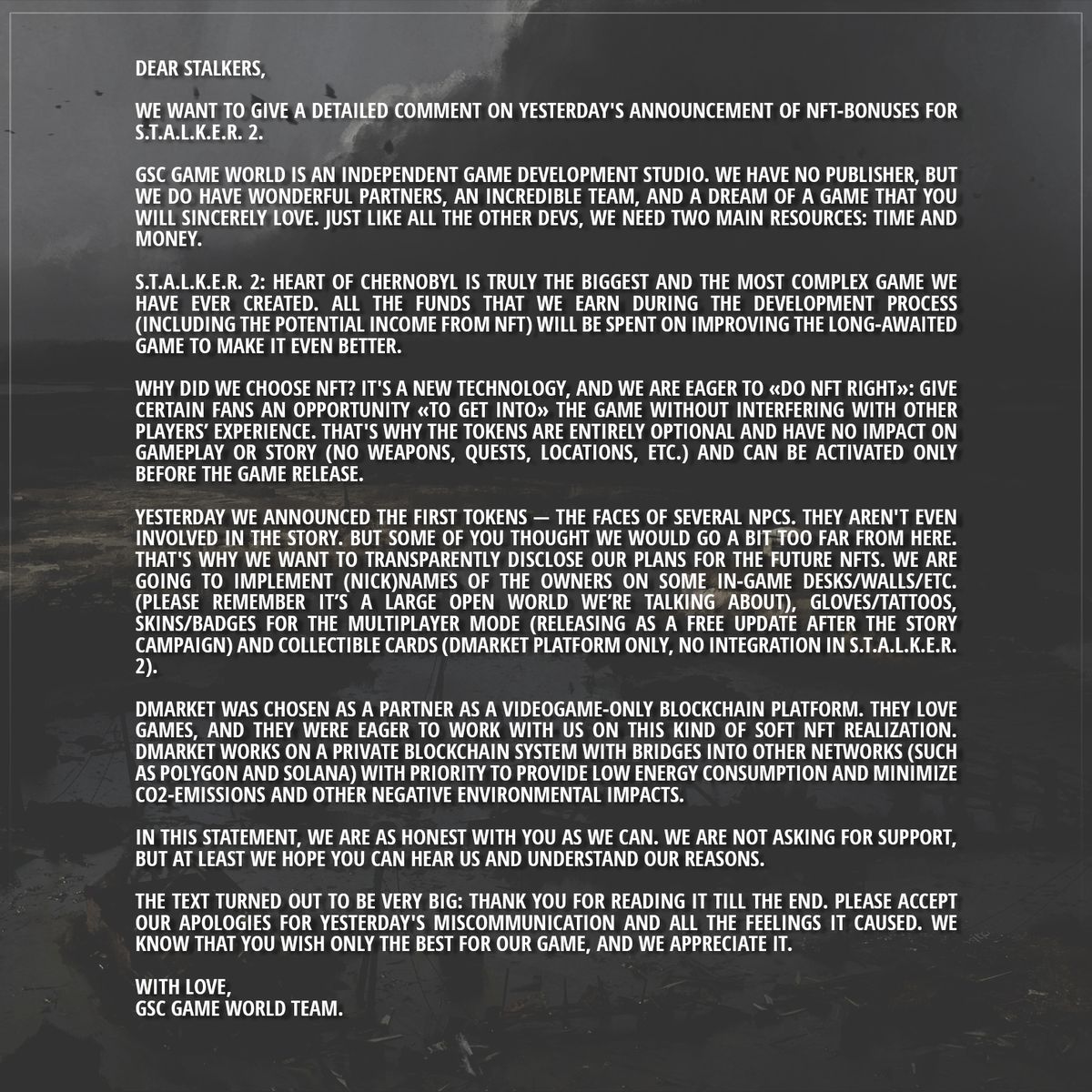 il testo di una lettera alla comunità di Stalker 2 che difende i piani per introdurre gli NFT nel gioco del 2022.