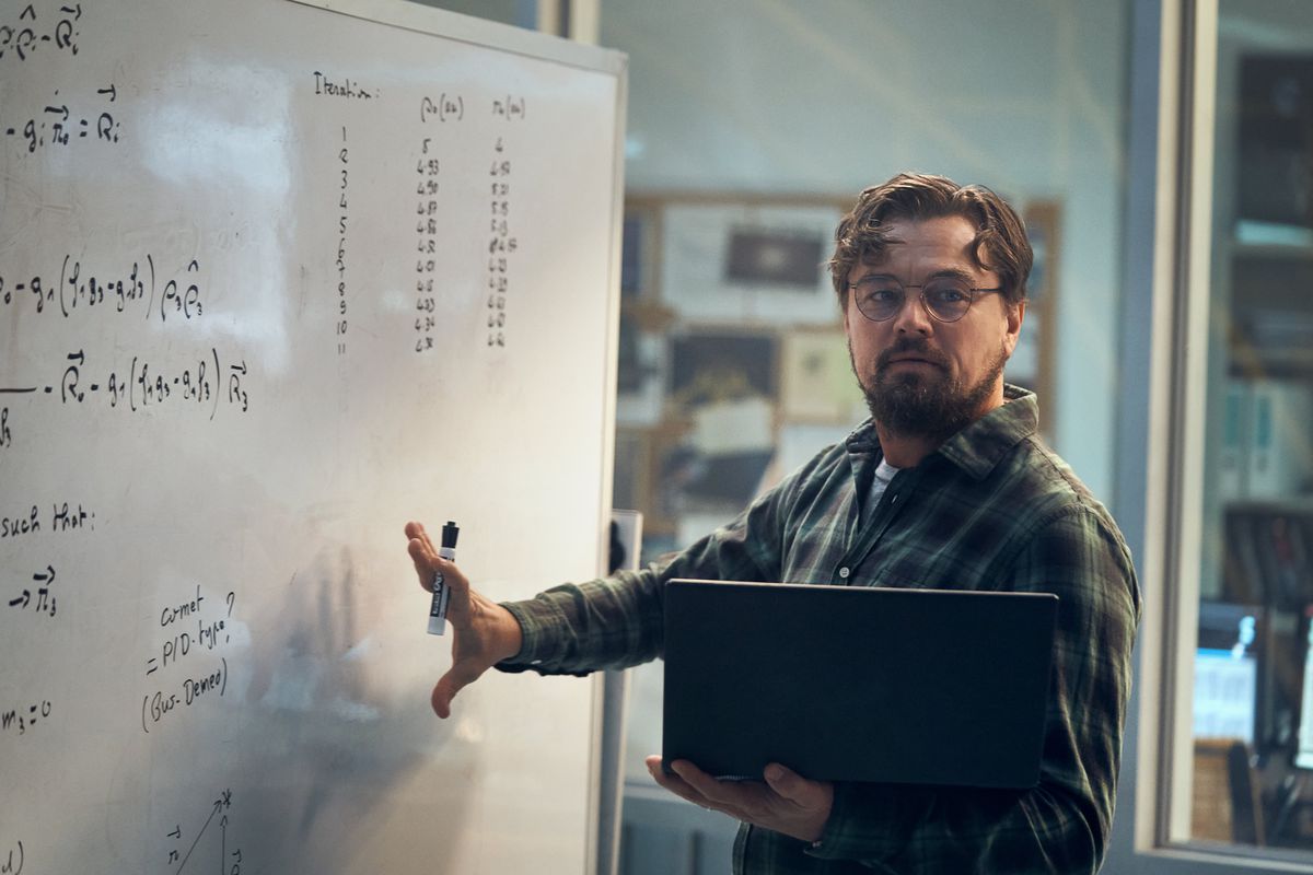 Leonardo DiCaprio’s Don’t Look Up scientist looks at a white board