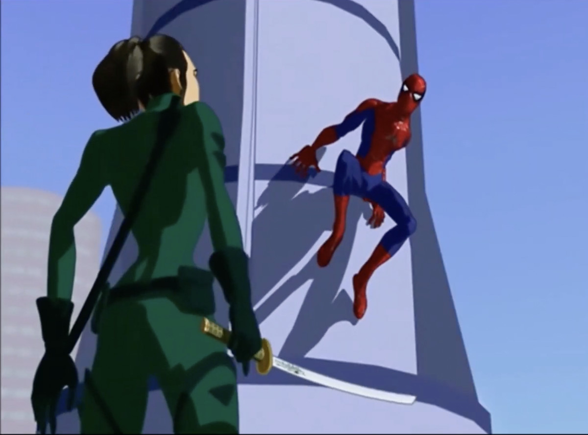 Un'immagine di Spider-Man che affronta un cattivo in Spider-Man: The New Animated Series