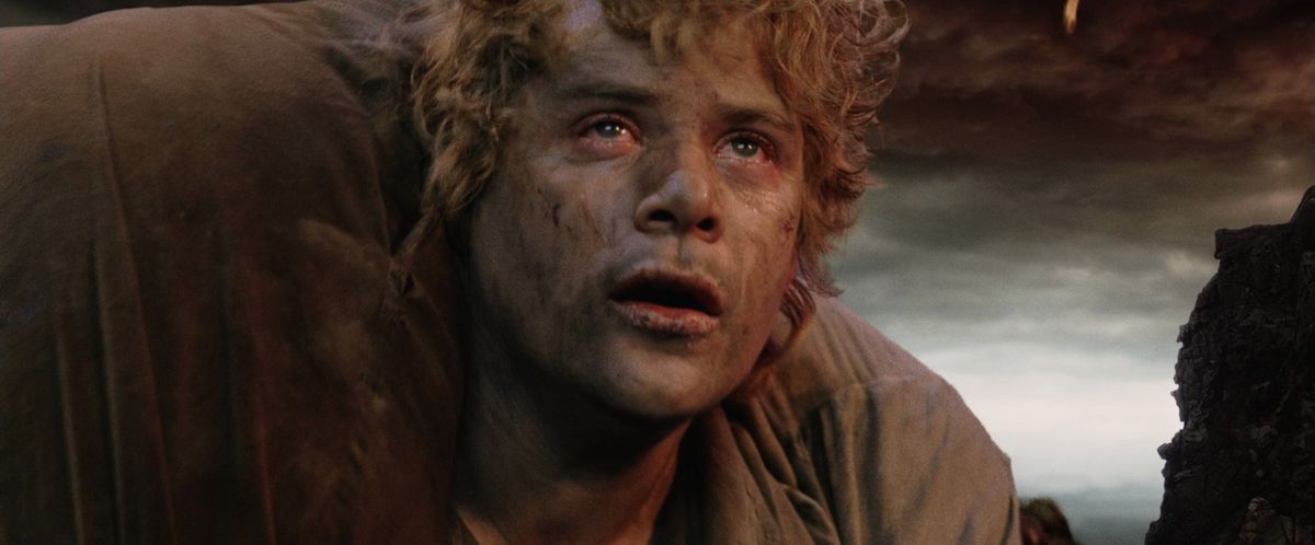 Lord of the Rings: Sam looks up at Mt. Doom, carrying Frodo on his back