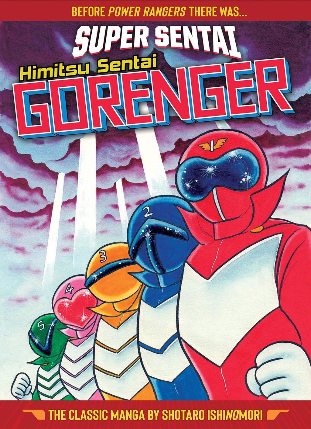 Five super sentai heroes stand abreast under a cloudy sky on the cover of Super Sentai: Himitsu Sentai Gorenger. 