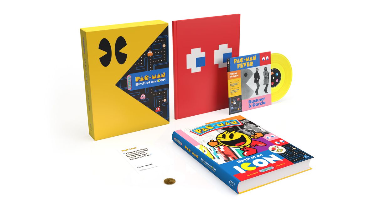 Una foto delle singole parti di Pac-Man: Birth of an Icon, incluso il token Pac-Man e un singolo in vinile di Pac-Man Fever