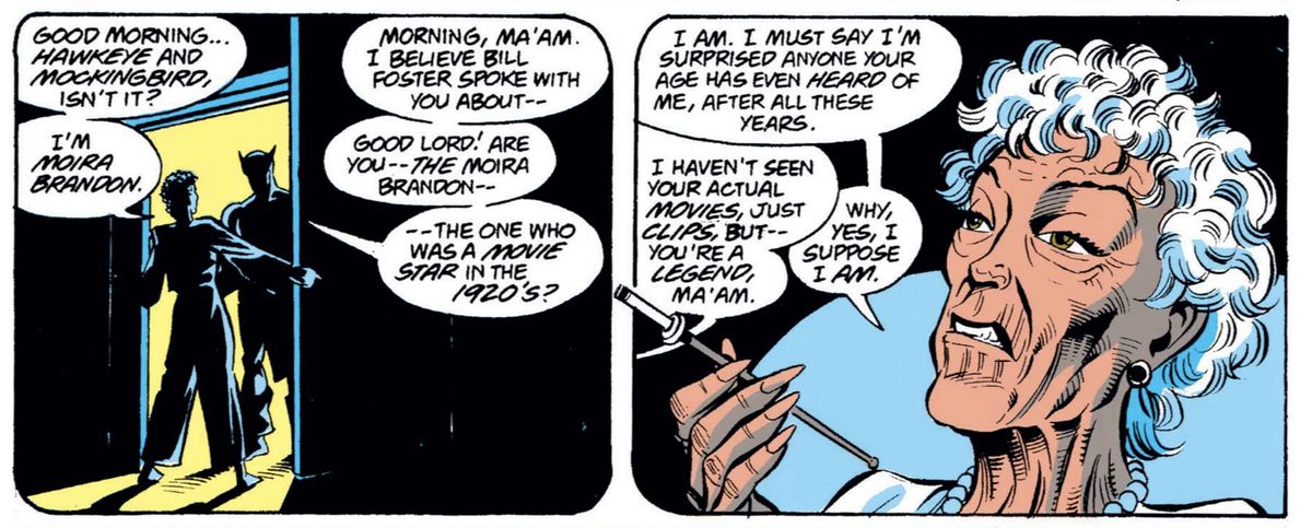 Moira fuma una sigaretta e parla con i West Coast Avengers in West Coast Avengers #100 (1993).