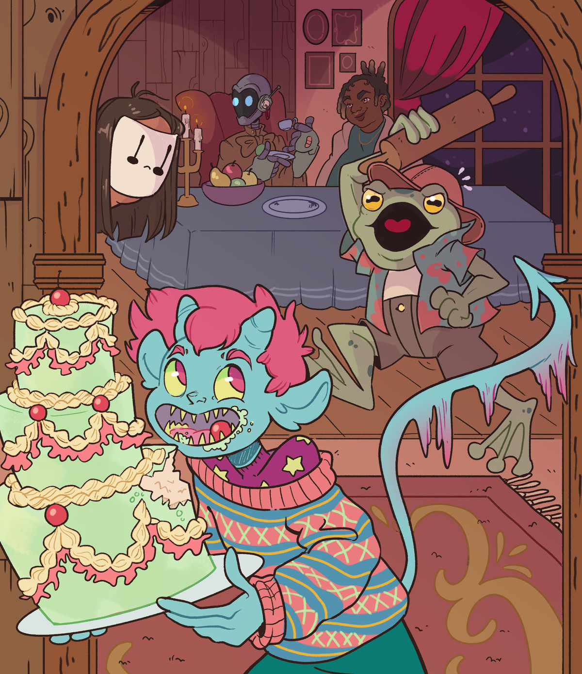 Una versione più grande dell'immagine ritagliata, che mostra più personaggi del bead and breakfast.  Includono una persona di colore, un robot, una rana e qualcuno con una maschera bianca.