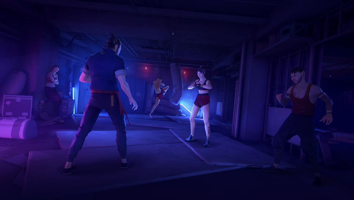 The hero confronts three fighters training in a dimly lit gym