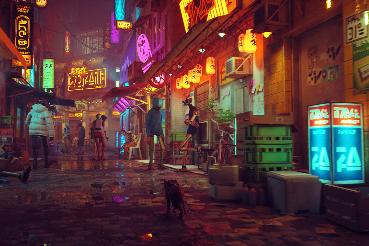 A lone cat saunters down a neon-lit street filled with robots.